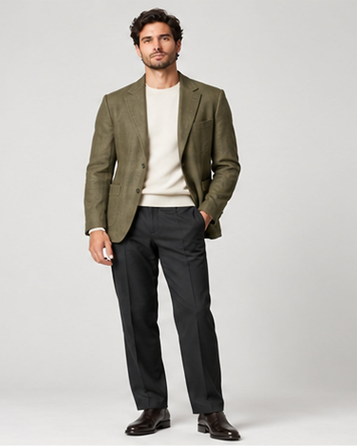 DFCOLOR::Olive::Olive Unstructured Linen-Look Cotton Blazer — Product Card 4:5 HD on-body view