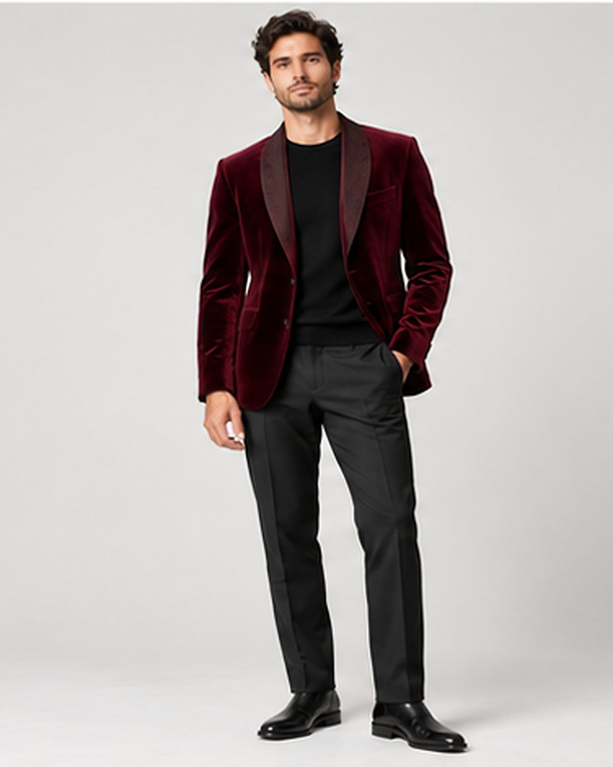 DFCOLOR::Burgundy::Burgundy Velvet Peak-Lapel Blazer — Product Card 4:5 HD on-body view
