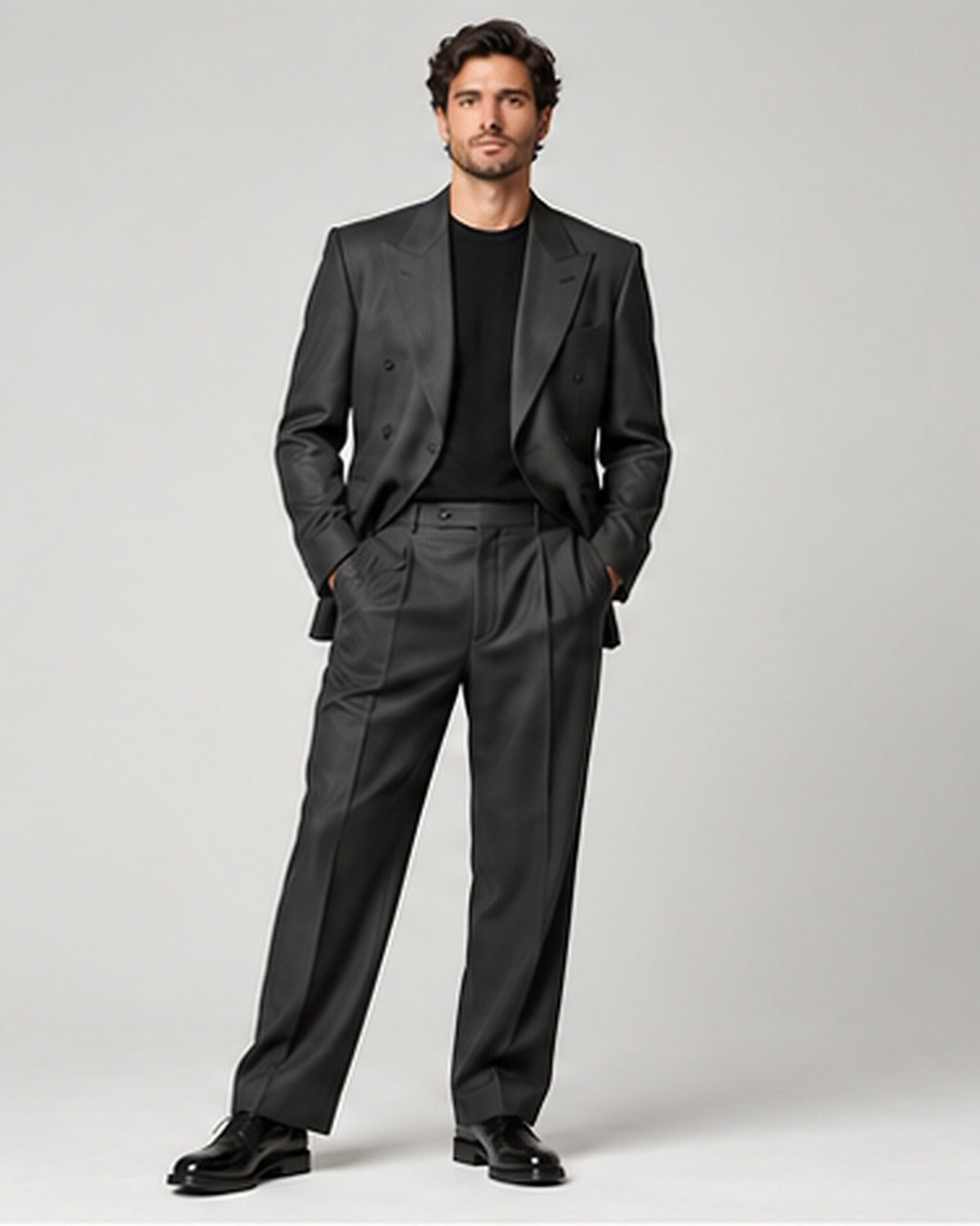 DFCOLOR::Charcoal::Charcoal Cropped Double-Breasted Blazer — Product Card 4:5 HD on-body view