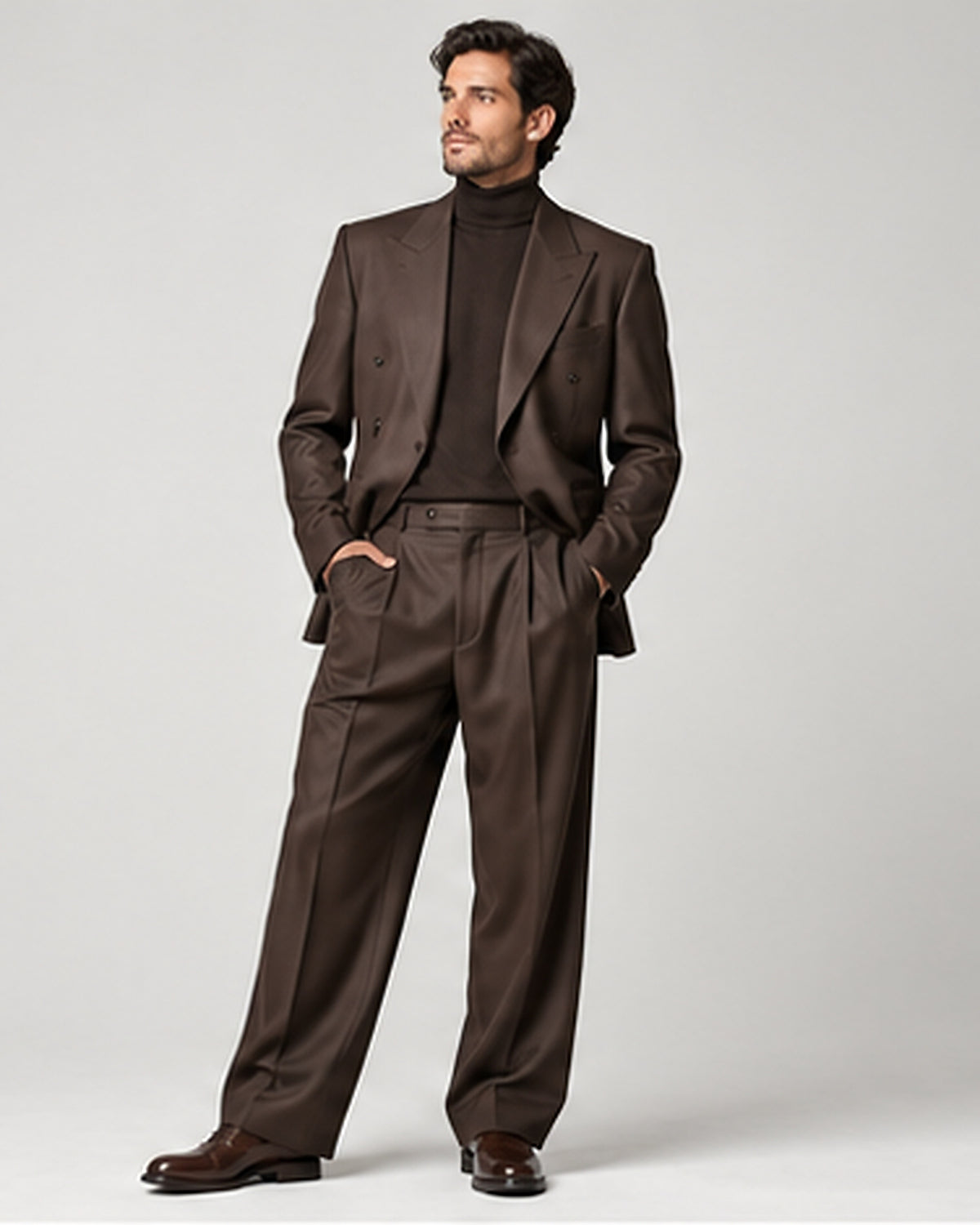 DFCOLOR::Espresso::Espresso Relaxed Double-Breasted Two-Piece Suit — Product Card 4:5 HD on-body view