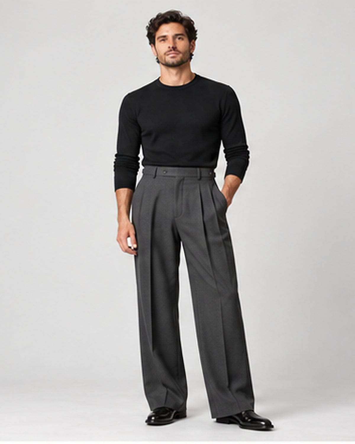 DFCOLOR::Charcoal::Charcoal High-Rise Wide-Pleat Trousers — Product Card 4:5 HD on-body view