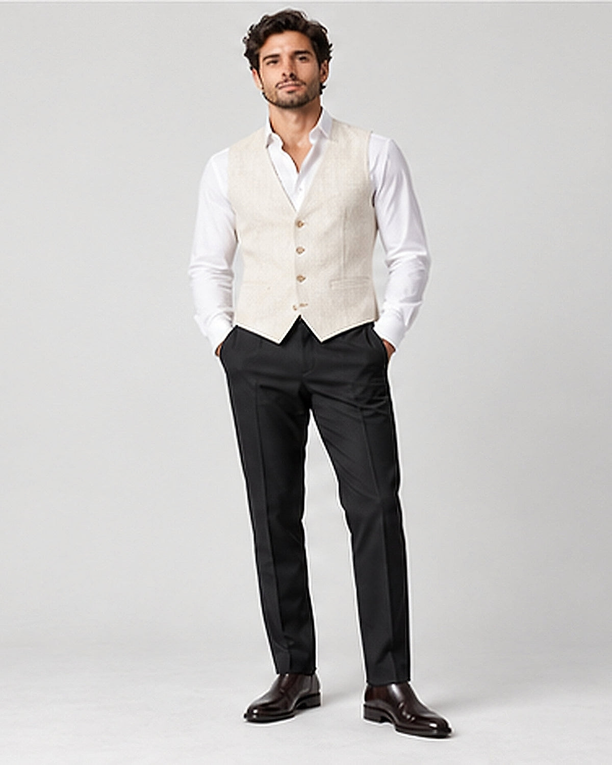DFCOLOR::Ivory::Ivory Textured Tailored Waistcoat — Product Card 4:5 HD on-body view