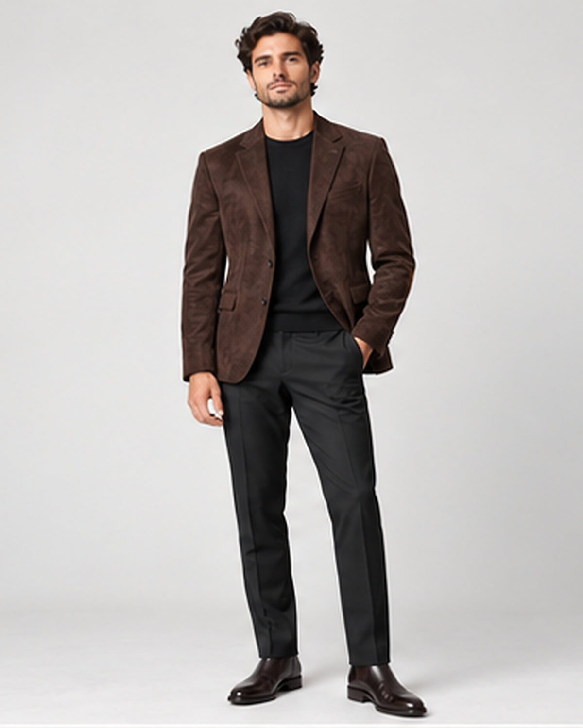 DFCOLOR::Espresso::Faux Suede Slim Notch-Lapel Blazer — Product Card 4:5 HD on-body view