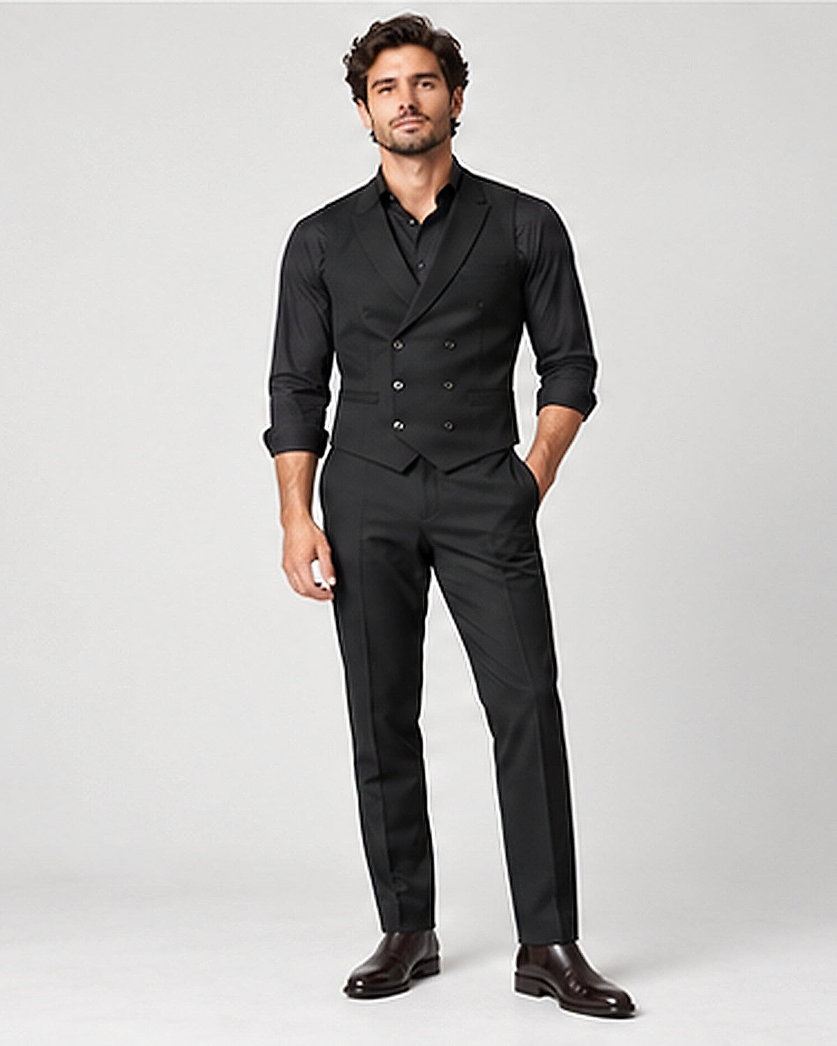 DFCOLOR::Black::Double-Breasted Regency Waistcoat — Product Card 4:5 HD on-body view