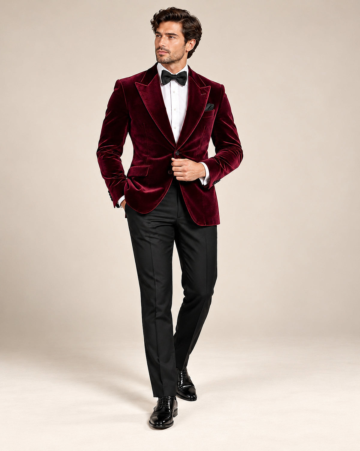 DFCOLOR::Burgundy::onbody-single-model — Burgundy Velvet Peak-Lapel Blazer; complete full-body hero 2400x3000