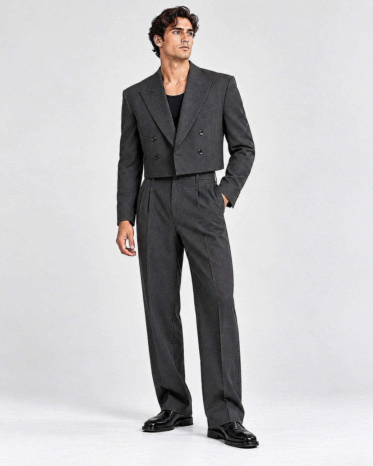 DFCOLOR::Charcoal::onbody-single-model — Charcoal Cropped Double-Breasted Blazer; complete full-body hero 2400x3000