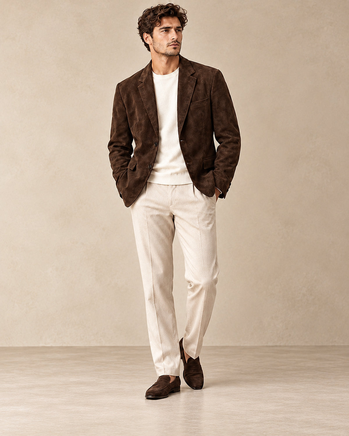 DFCOLOR::Espresso::onbody-single-model — Espresso Faux Suede Relaxed Blazer; complete full-body hero 2400x3000