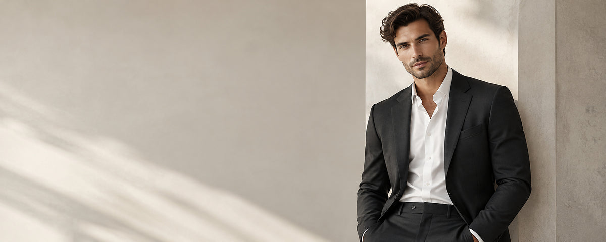 DAREFORMS offers desktop banner: one male model wearing a charcoal suit