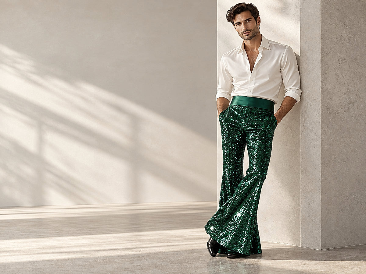 DAREFORMS sequin flares: one male model wearing green sequin flare pants with matching smooth satin waistband