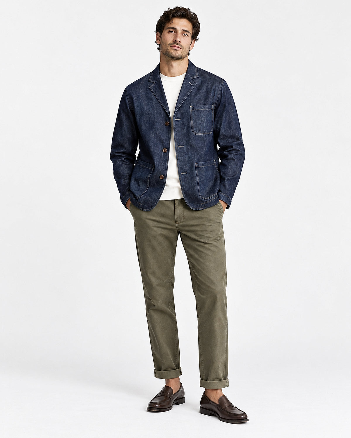 DFCOLOR::Indigo::onbody-single-model — Indigo Chore Blazer; complete full-body hero 2400x3000