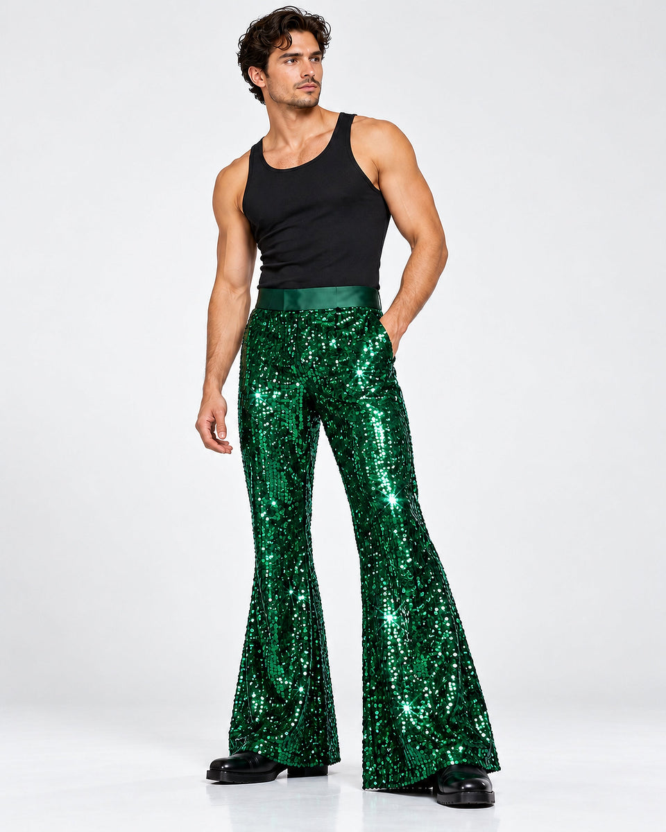 DFCOLOR::Emerald::Single male model wearing Emerald Sparkle Sequin Flare Pants, smooth same-color satin waistband, full body high-definition