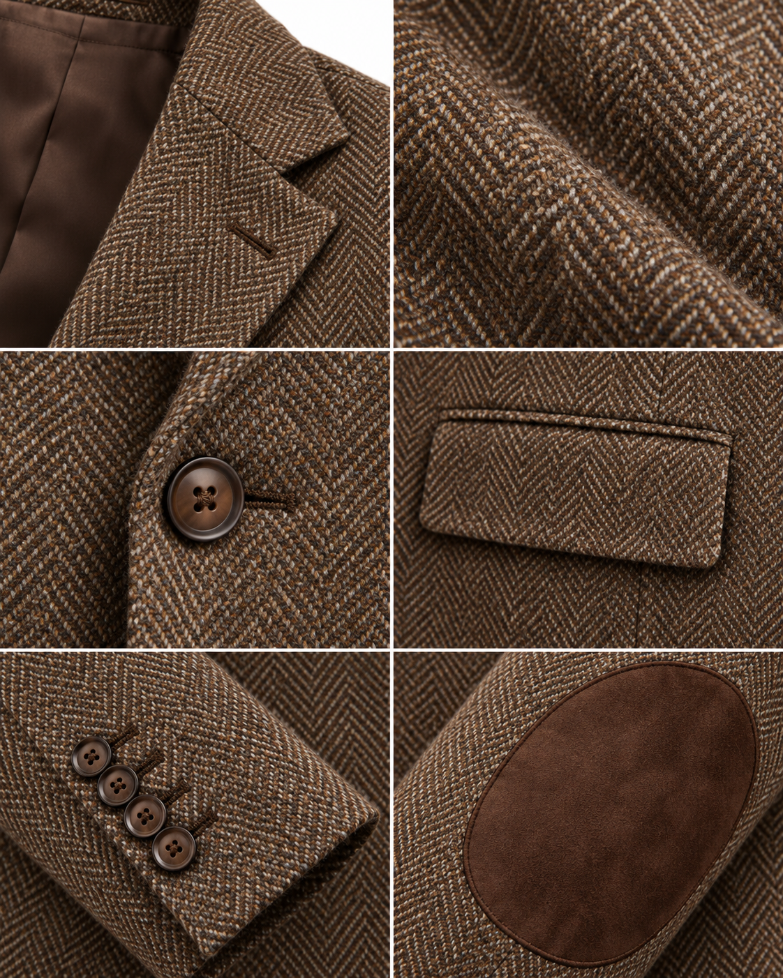DFCOLOR::Brown::detail-montage — Textured Elbow-Patch Heritage Blazer, Brown detail montage; styling visualization