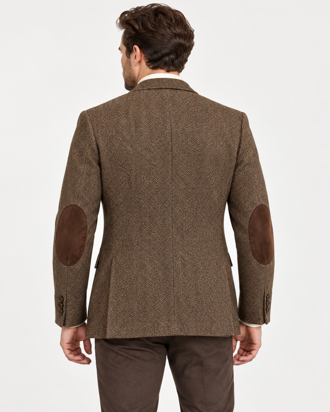 DFCOLOR::Brown::onbody-back — Textured Elbow-Patch Heritage Blazer, Brown onbody back; styling visualization