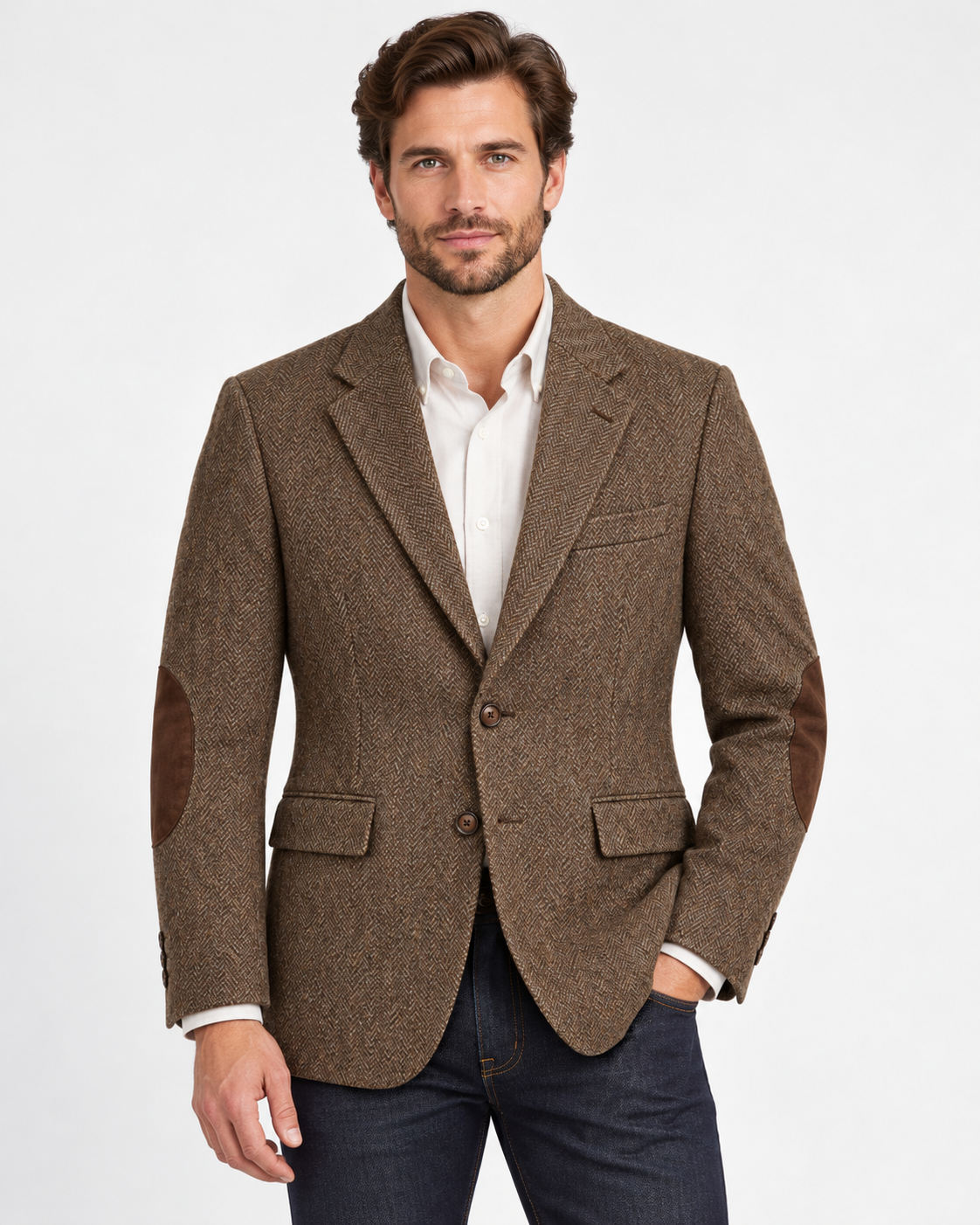 DFCOLOR::Brown::Product Card 4:5 onbody-front — Textured Elbow-Patch Heritage Blazer, Brown onbody front; styling visualization