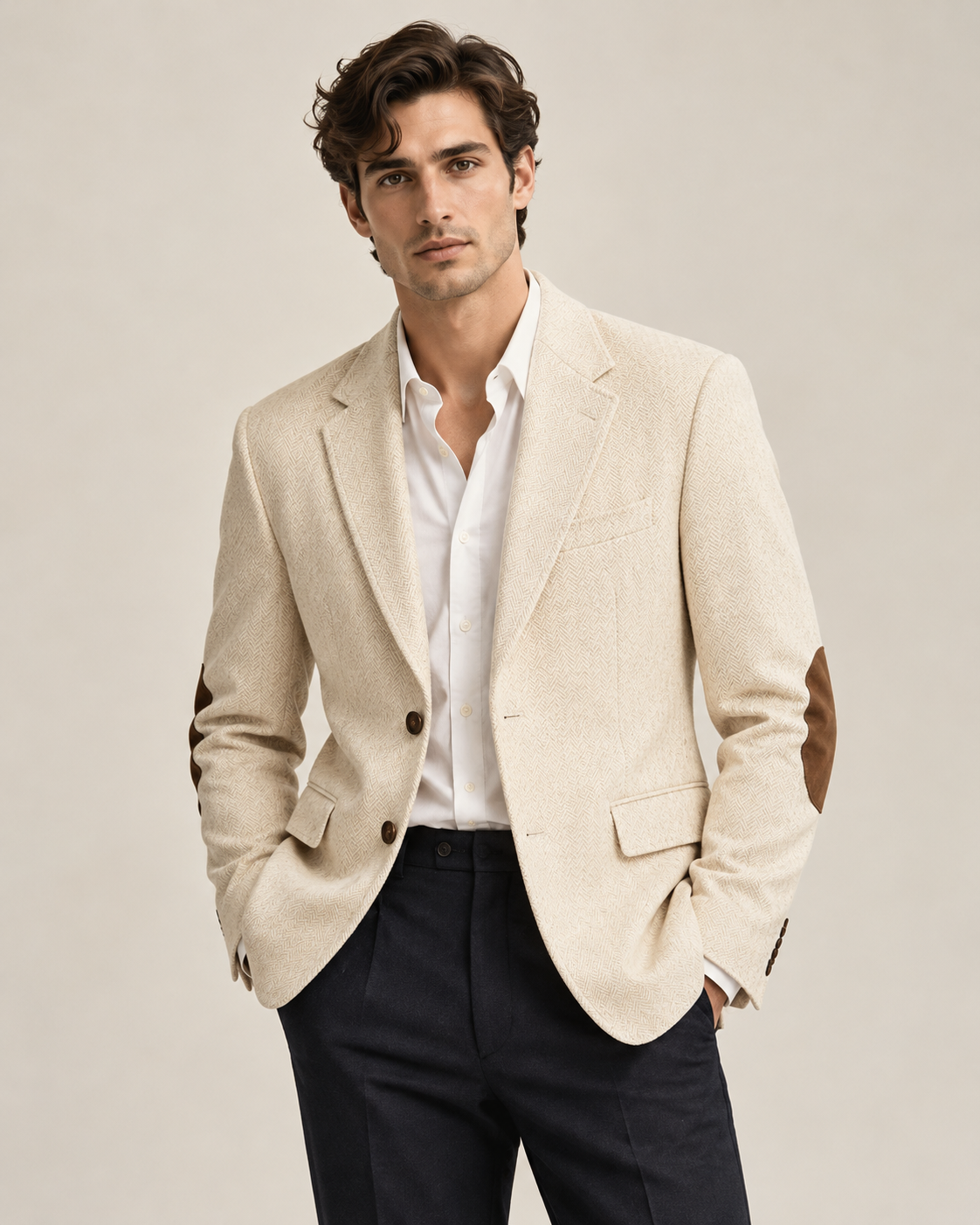 DFCOLOR::Ivory::onbody — Textured Elbow-Patch Heritage Blazer, isolated on-body model view, no collage