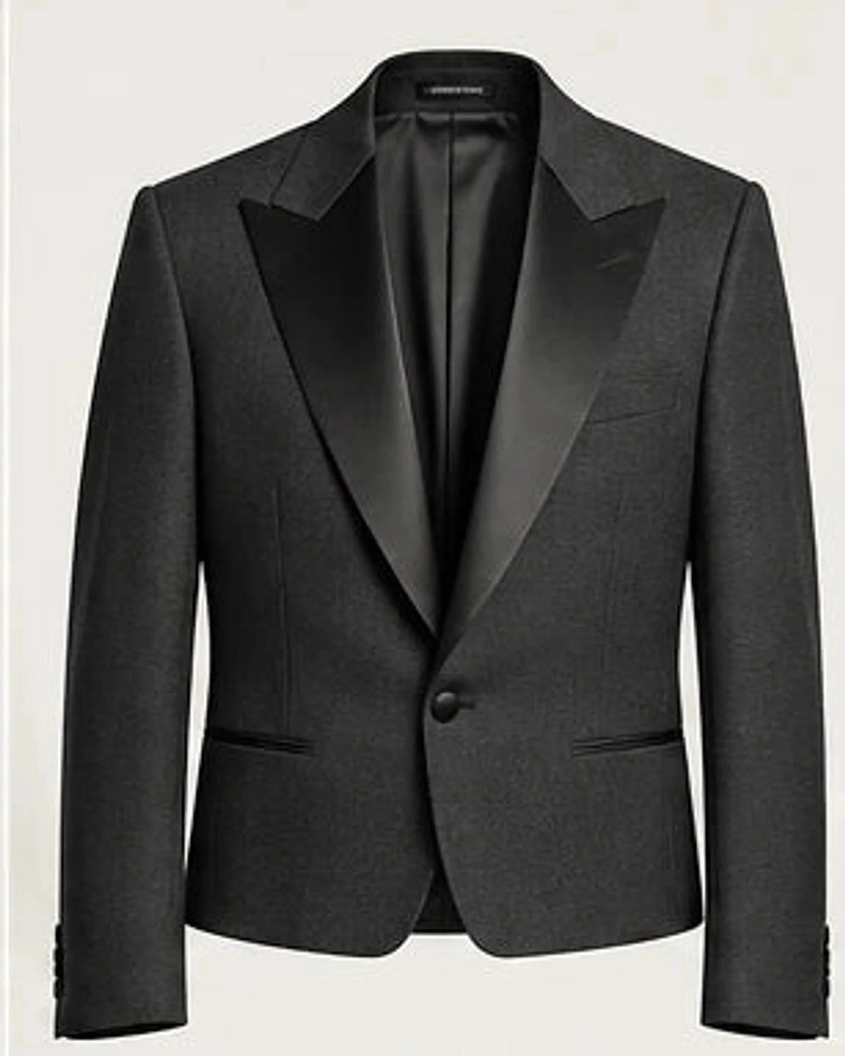 DFCOLOR::Charcoal::product-front — Black Cropped Dinner Jacket with Satin Lapels; verified original garment product-only 4:5 source