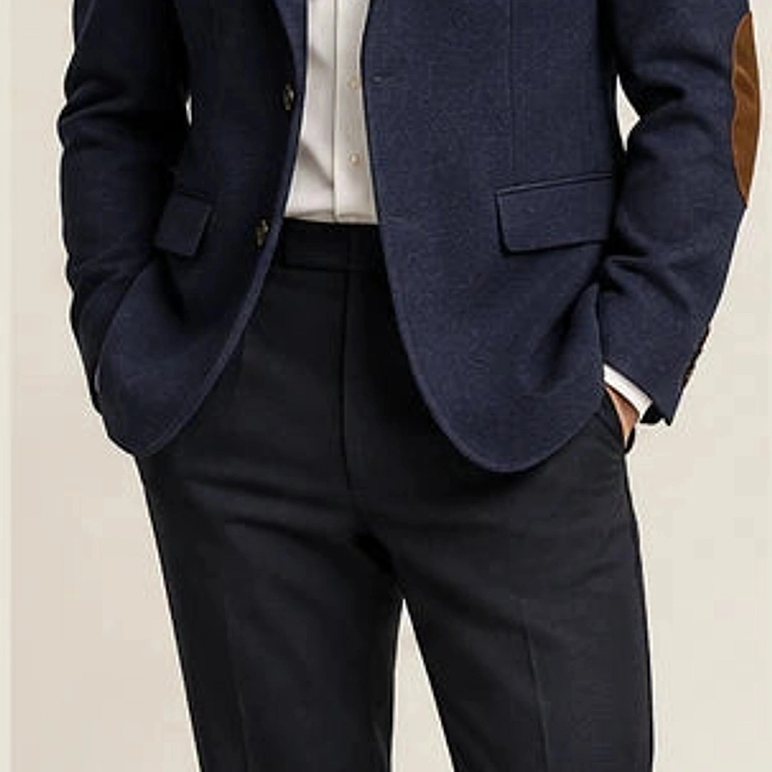 DFCOLOR::Navy::onbody — Textured Elbow-Patch Heritage Blazer, isolated on-body model view, no collage