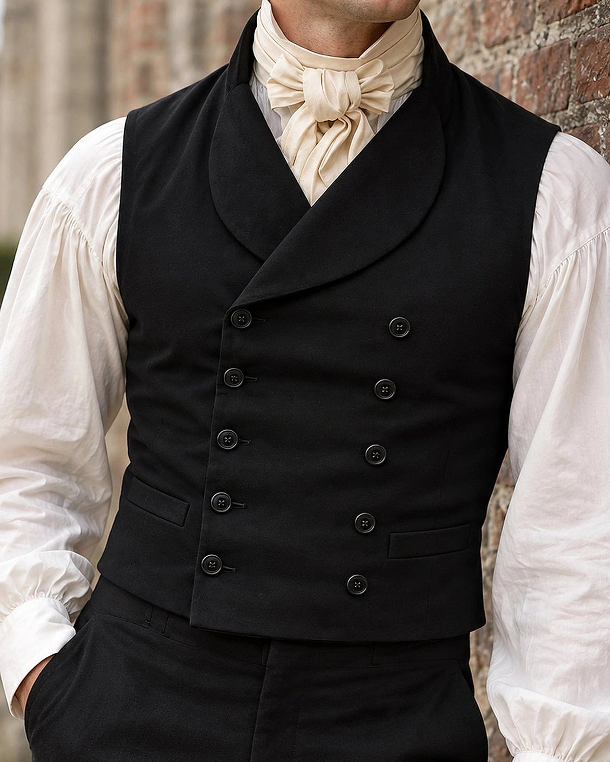DFCOLOR::Black::Double-breasted Regency waistcoat — curved neckline, button grid and pocket detail