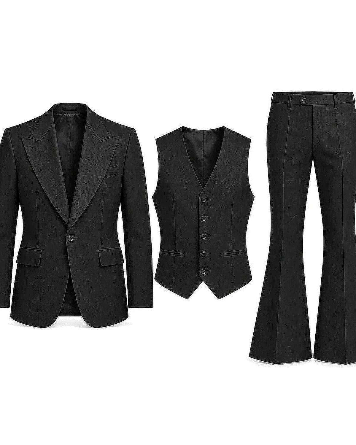 DFCOLOR::Black::Retro 70s three-piece flare suit — white-background front product view