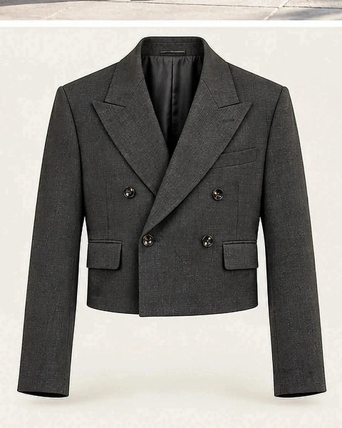 DFCOLOR::Charcoal::Charcoal Cropped Double-Breasted Blazer clean product view