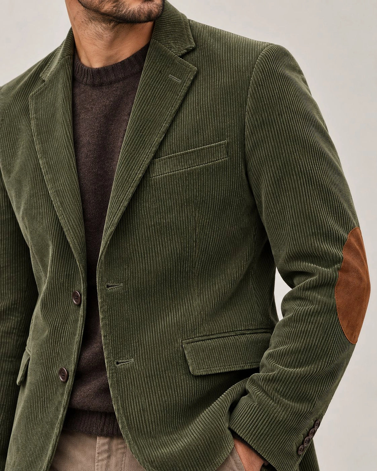 DFCOLOR::Olive::Men's fine-wale corduroy sport coat — lapel, corduroy texture and elbow-patch detail