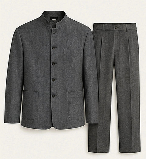 DFCOLOR::Charcoal::product — Denim-Look Mandarin Collar Suit Set