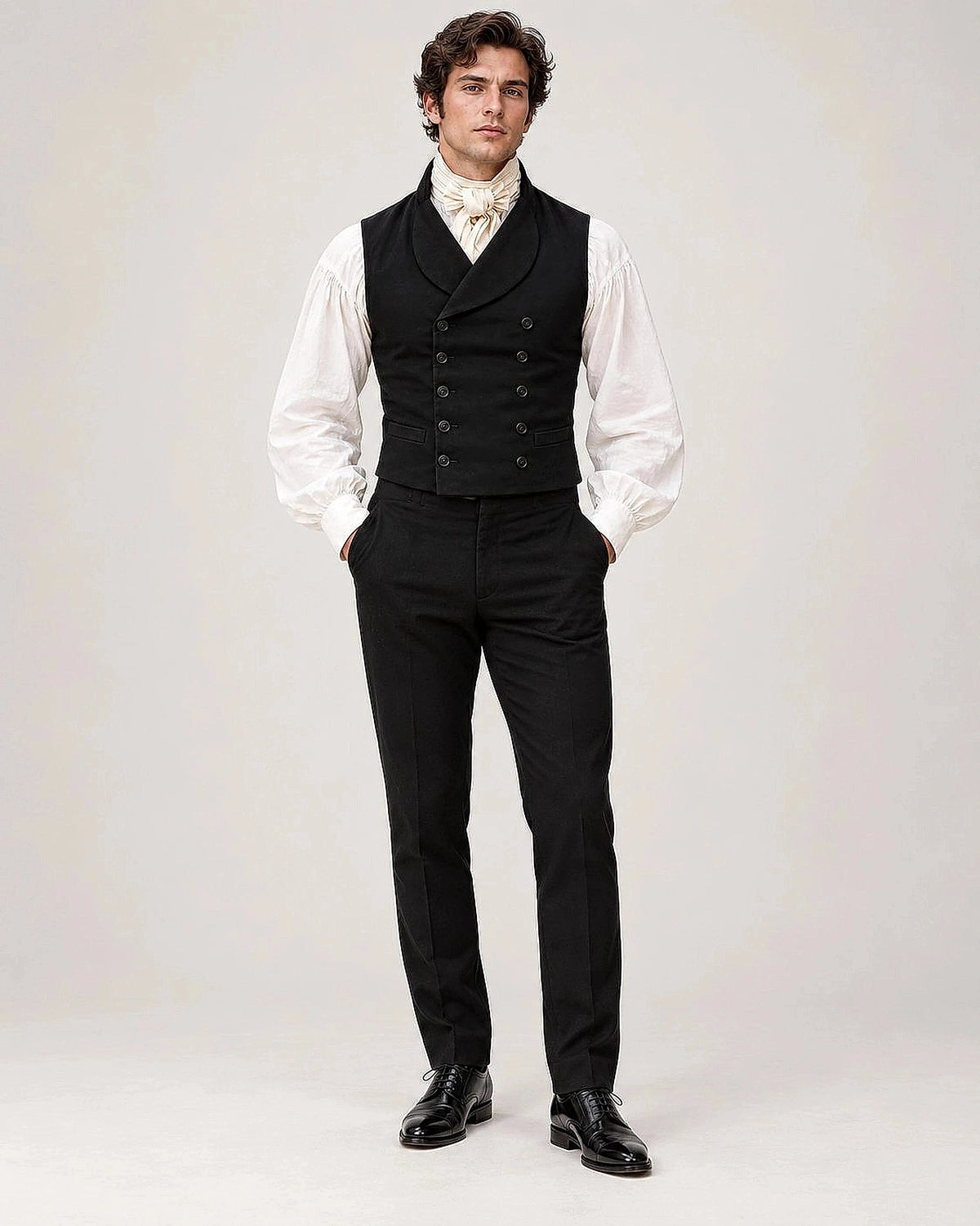 DFCOLOR::Black::Double-breasted Regency waistcoat — full front studio styling