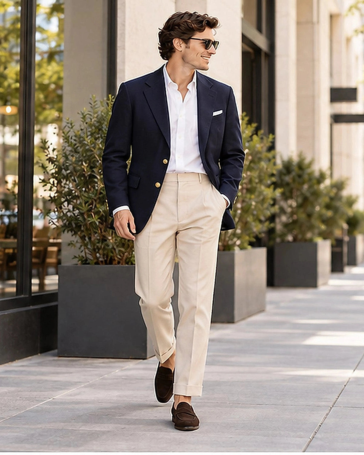 DFCOLOR::Navy::Navy polyester serge blazer with gold buttons worn in contemporary city styling
