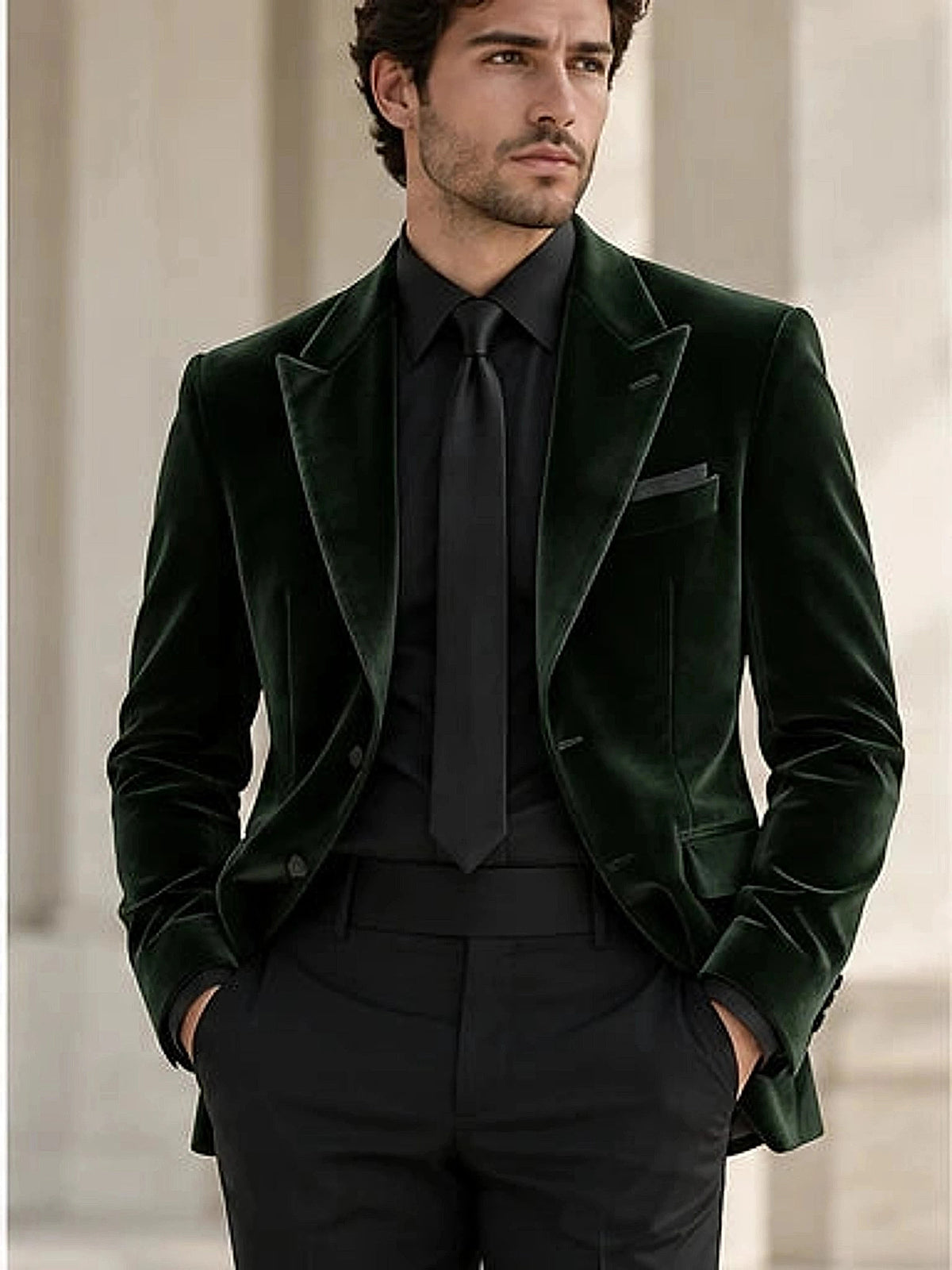 DFCOLOR::Forest Green::onbody — Burgundy Velvet Peak-Lapel Blazer