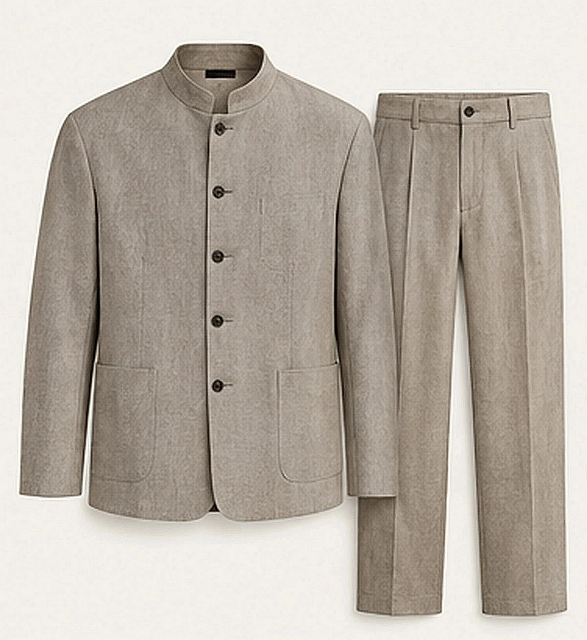 DFCOLOR::Stone::product — Denim-Look Mandarin Collar Suit Set