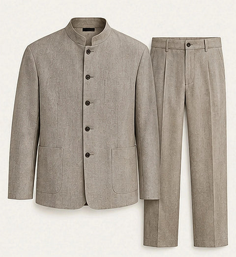 DFCOLOR::Stone::product — Denim-Look Mandarin Collar Suit Set