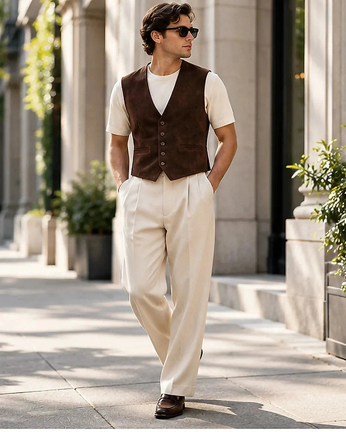 DFCOLOR::Chocolate::Chocolate Faux Suede Tailored Waistcoat on-body styling