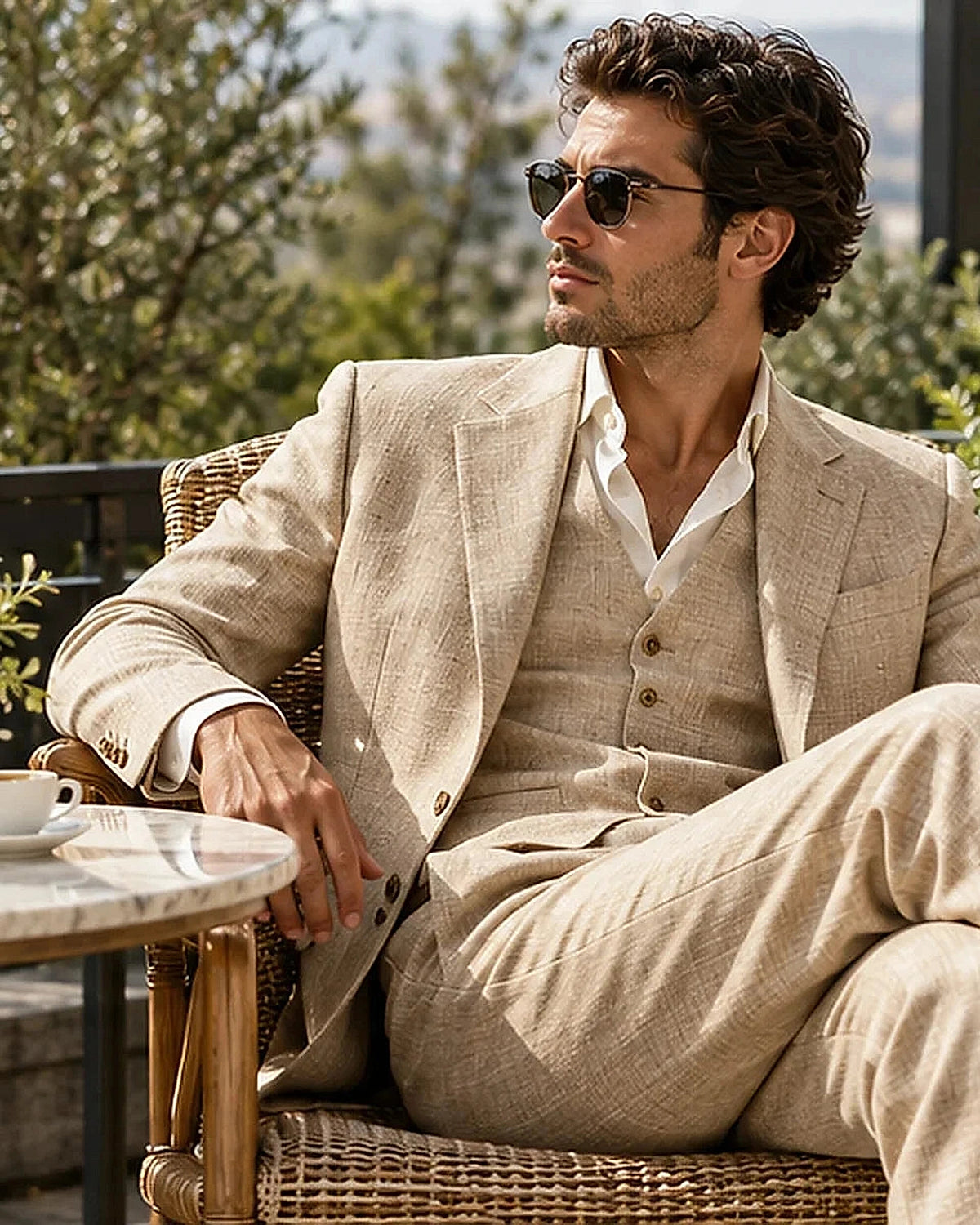 DFCOLOR::Sand::Sand Linen-Look Cotton Three-Piece Suit contemporary lifestyle styling