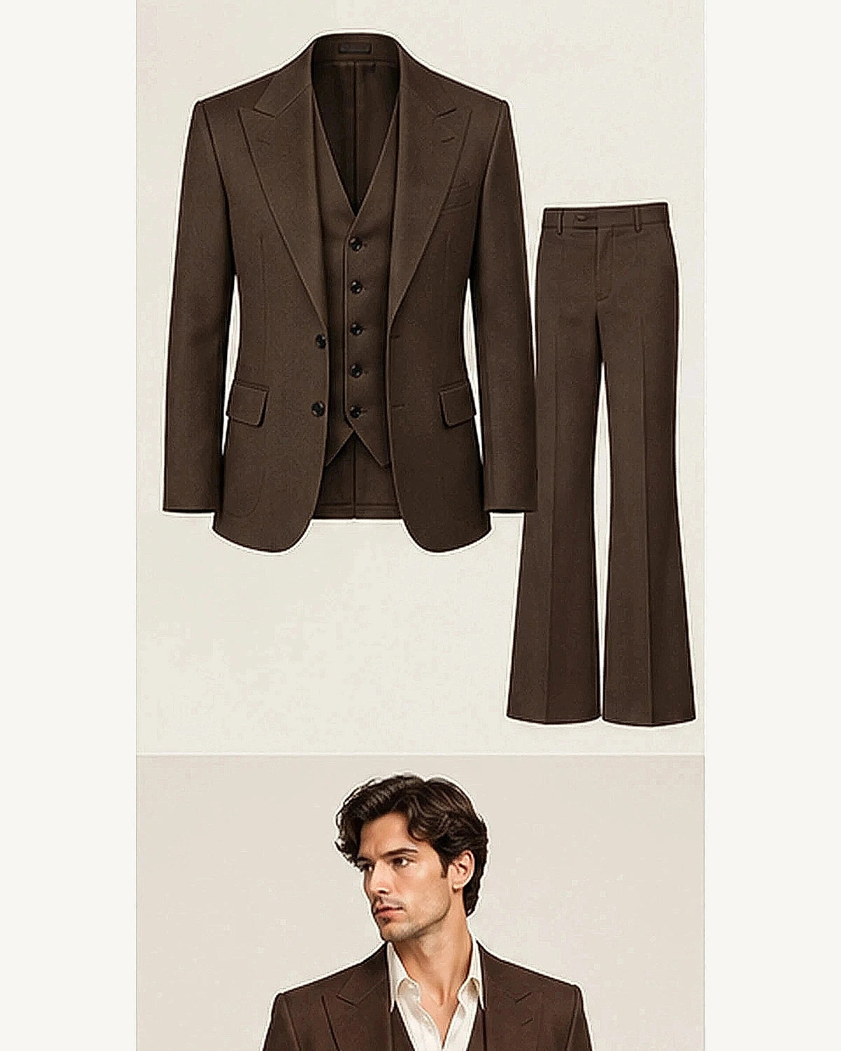 DFCOLOR::Chocolate::product — Retro 70s Three-Piece Flare Suit