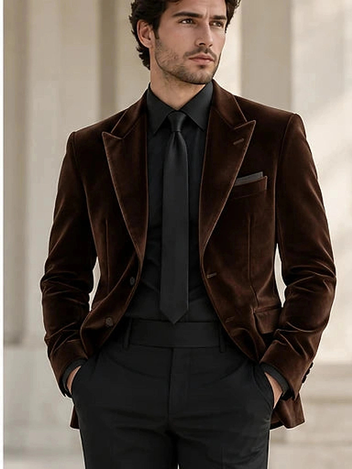 DFCOLOR::Chocolate::onbody — Burgundy Velvet Peak-Lapel Blazer