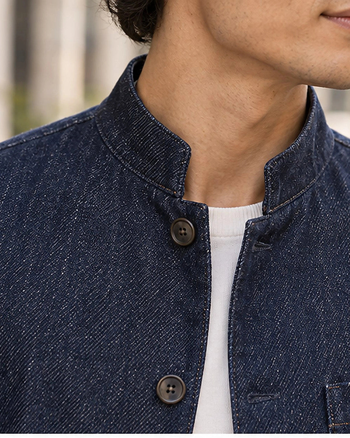 DFCOLOR::Indigo::Indigo denim-look Mandarin collar and fabric detail