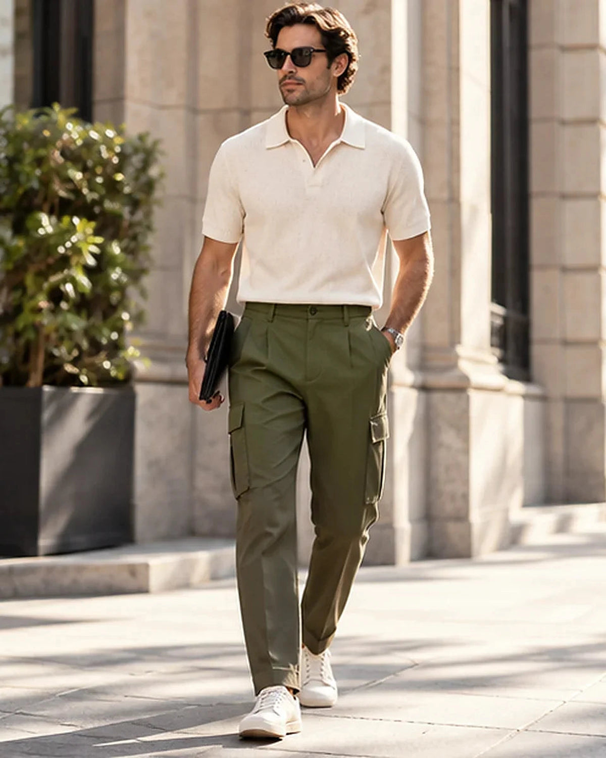 DFCOLOR::Olive::Olive Tailored Cargo Trousers on-body styling