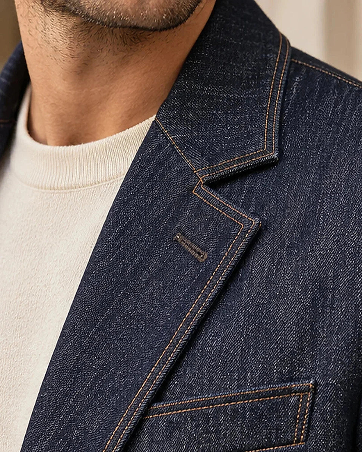 DFCOLOR::Indigo::Raw Indigo Denim-Look Two-Piece Suit fabric and tailoring detail