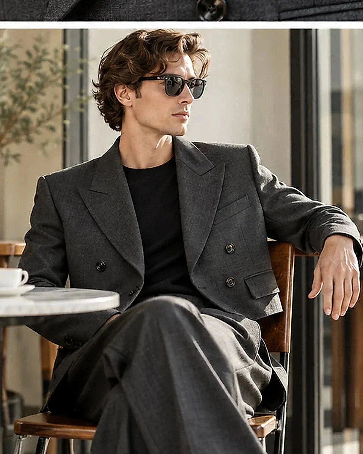 DFCOLOR::Charcoal::Charcoal Cropped Double-Breasted Blazer contemporary lifestyle styling
