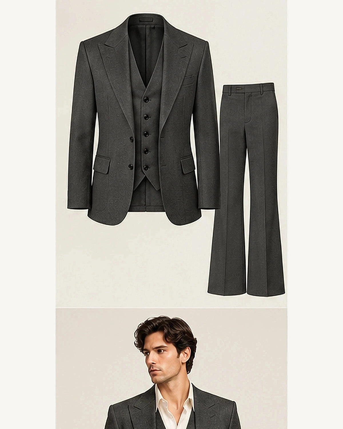 DFCOLOR::Charcoal::product — Retro 70s Three-Piece Flare Suit