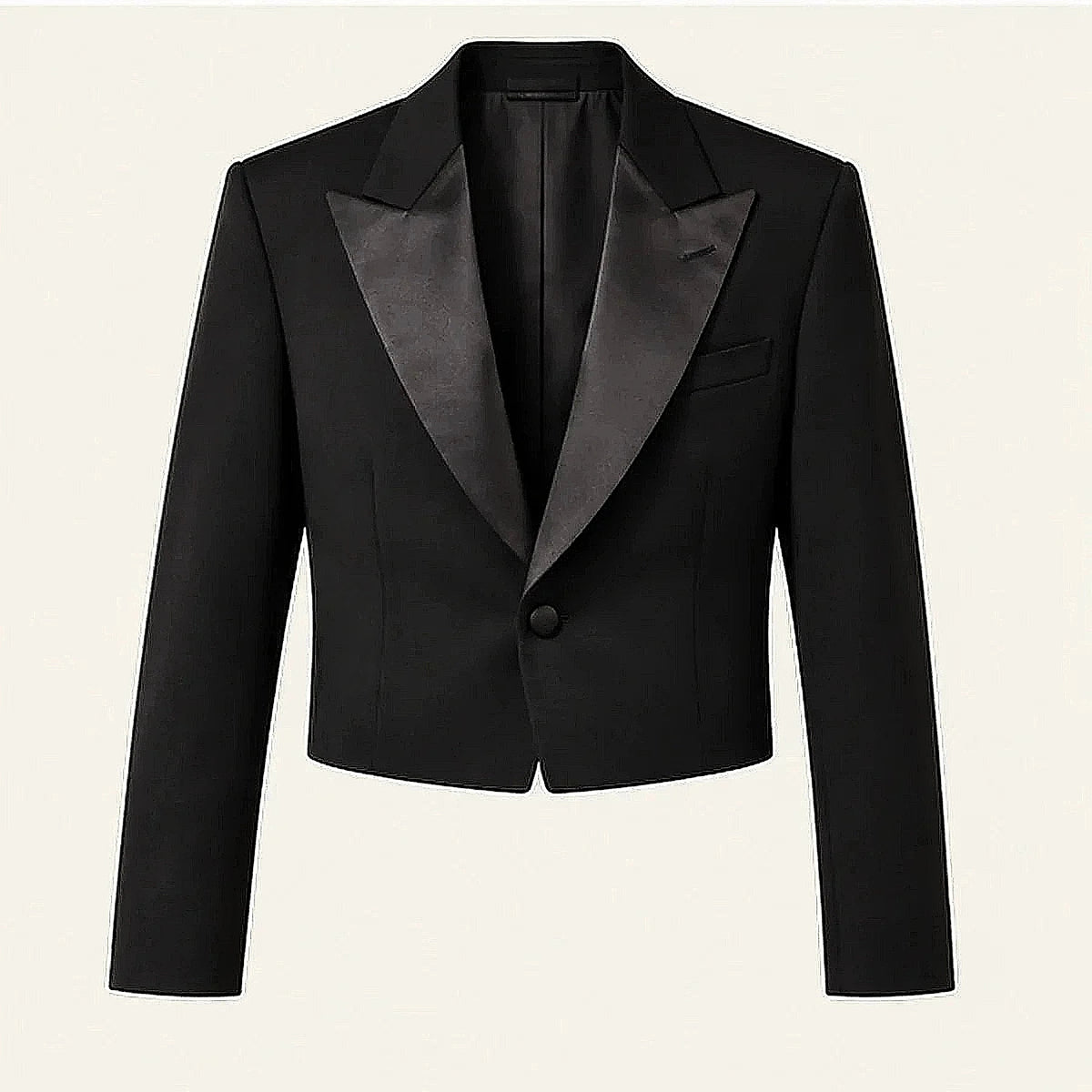 DFCOLOR::Black::Black Cropped Dinner Jacket with Satin Lapels — product view
