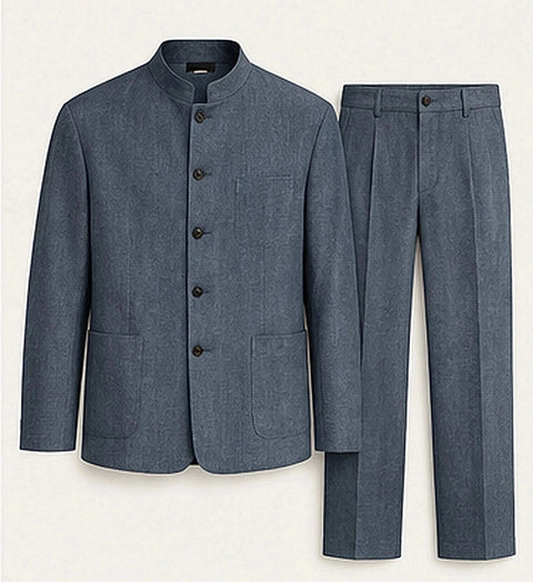 DFCOLOR::Mid Blue::product — Denim-Look Mandarin Collar Suit Set