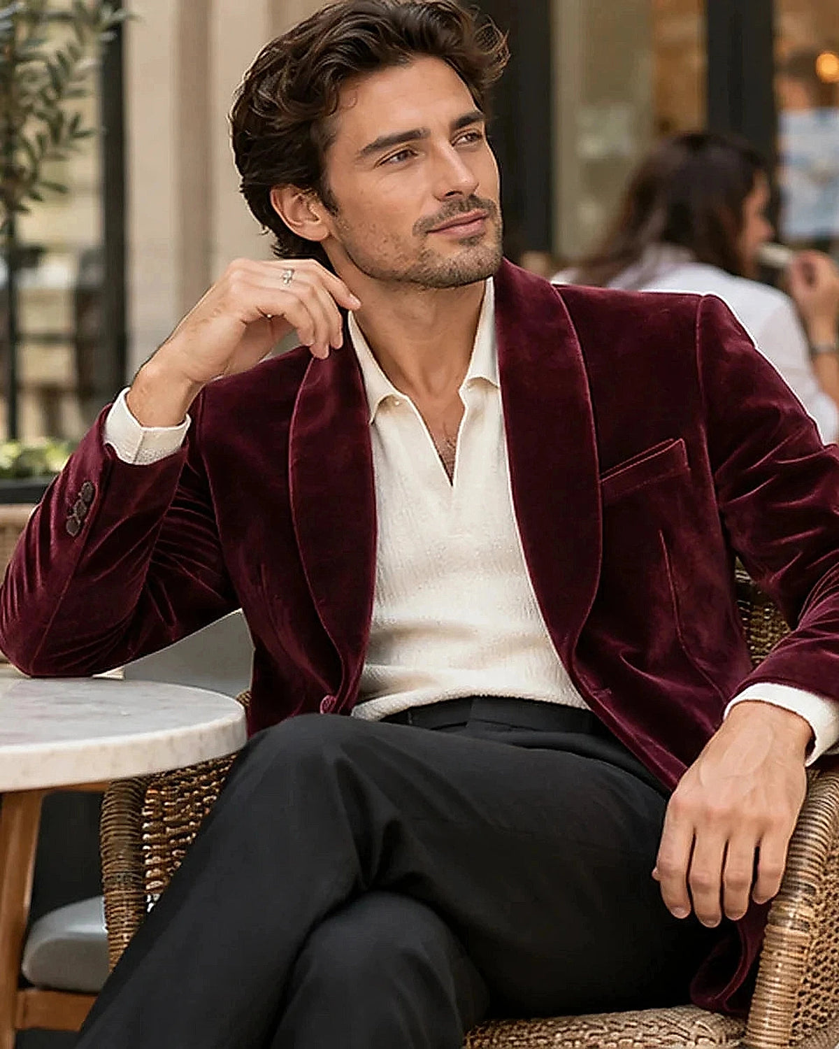 DFCOLOR::Burgundy::Burgundy Velvet Shawl-Collar Jacket contemporary lifestyle styling