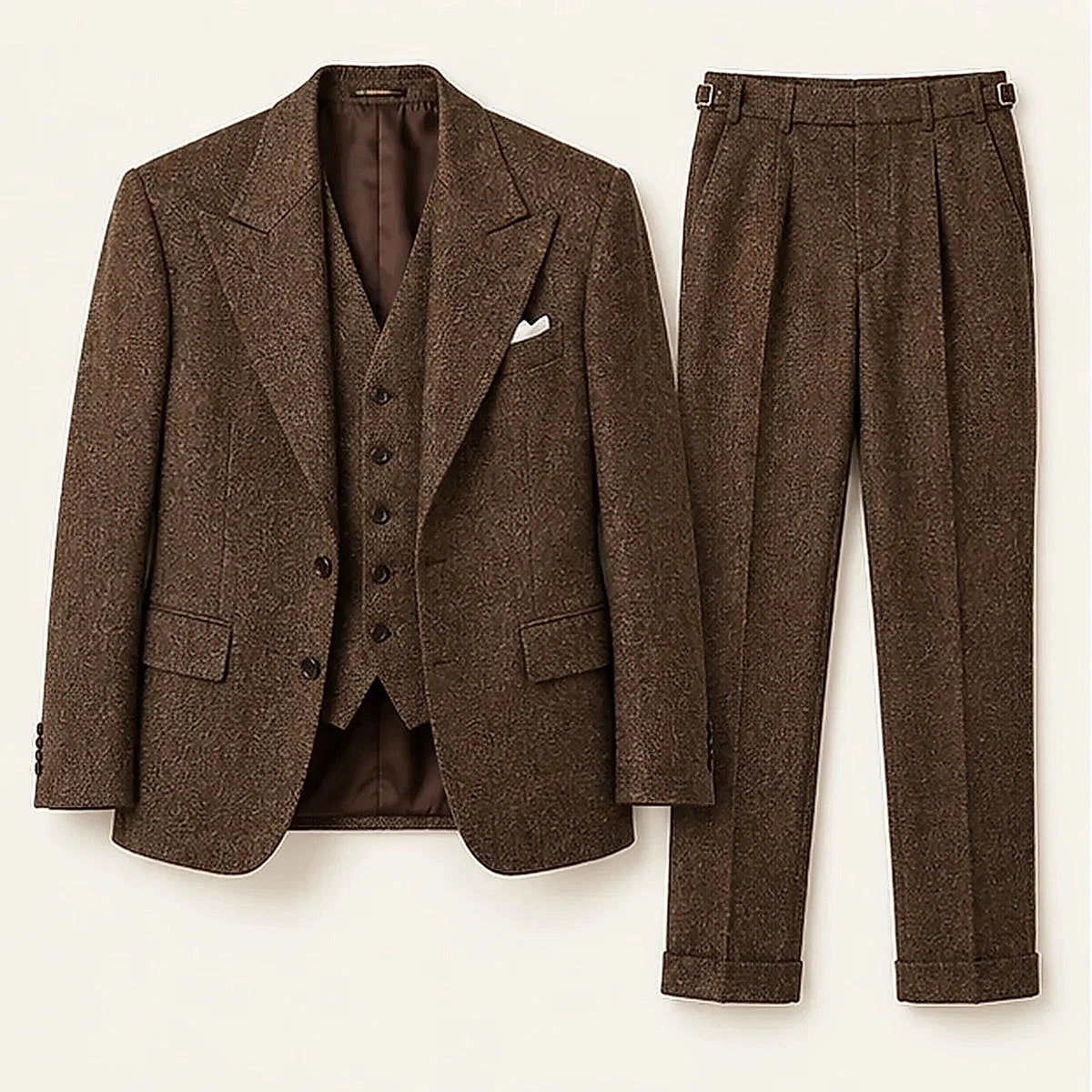 DFCOLOR::Chocolate::Chocolate Herringbone Three-Piece Suit — product view