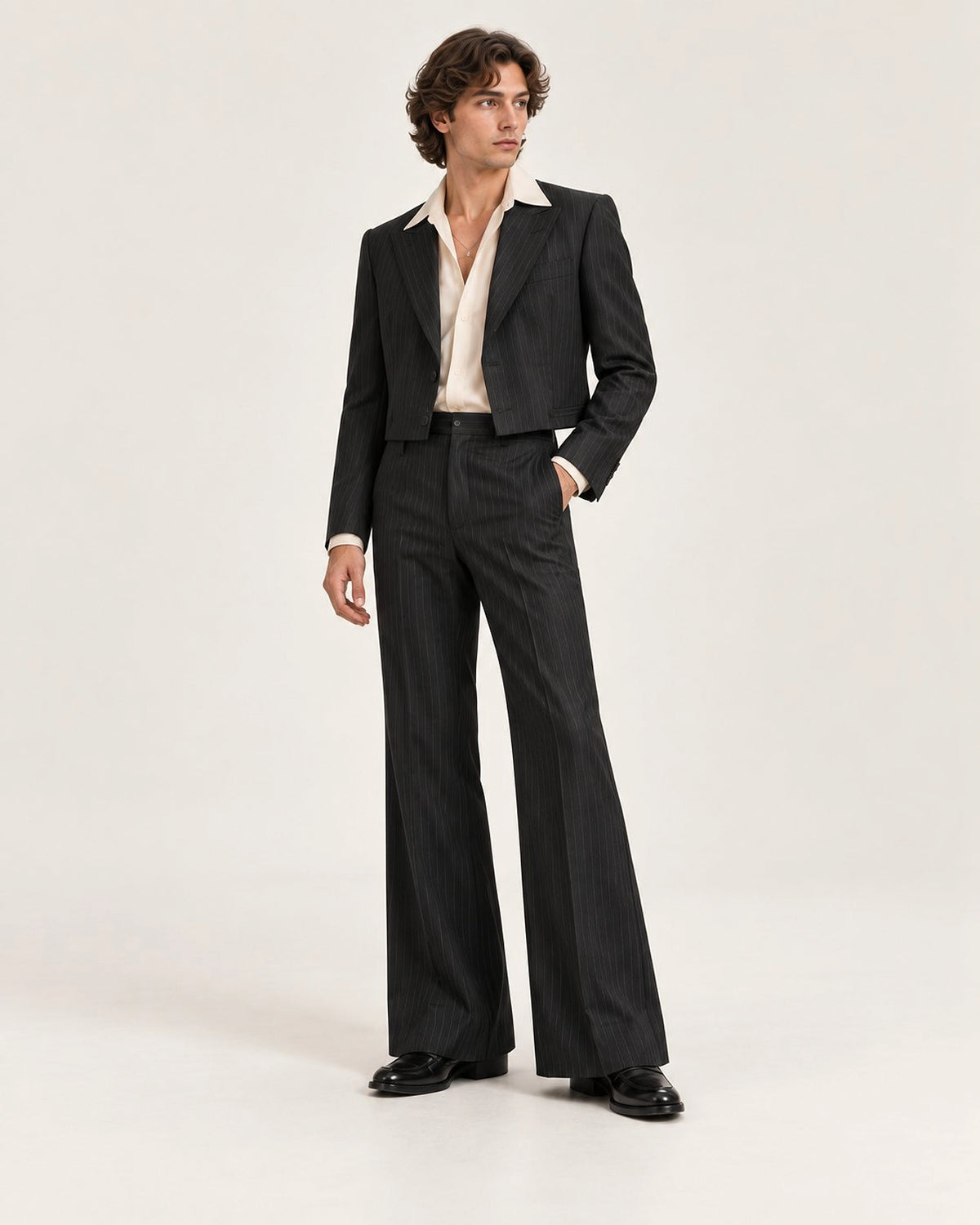 DFCOLOR::Black::Men's cropped pinstripe wide-leg two-piece suit — full front studio view
