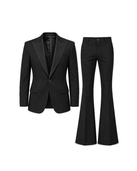 DFCOLOR::Black::Retro 70s two-piece flare suit — white-background front product view