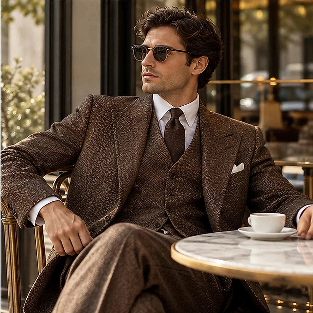 DFCOLOR::Chocolate::Chocolate Herringbone Three-Piece Suit — lifestyle view