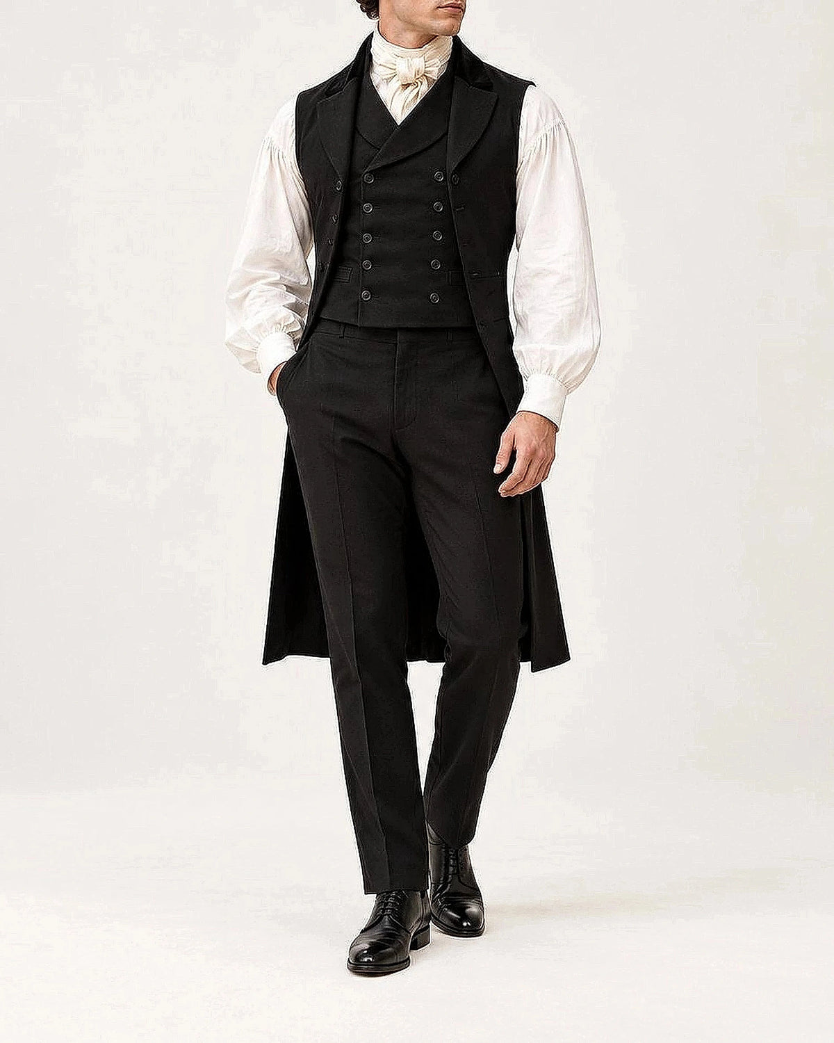 DFCOLOR::Black::Men's Regency tailcoat formal set — tail length, waistcoat and trouser proportion detail