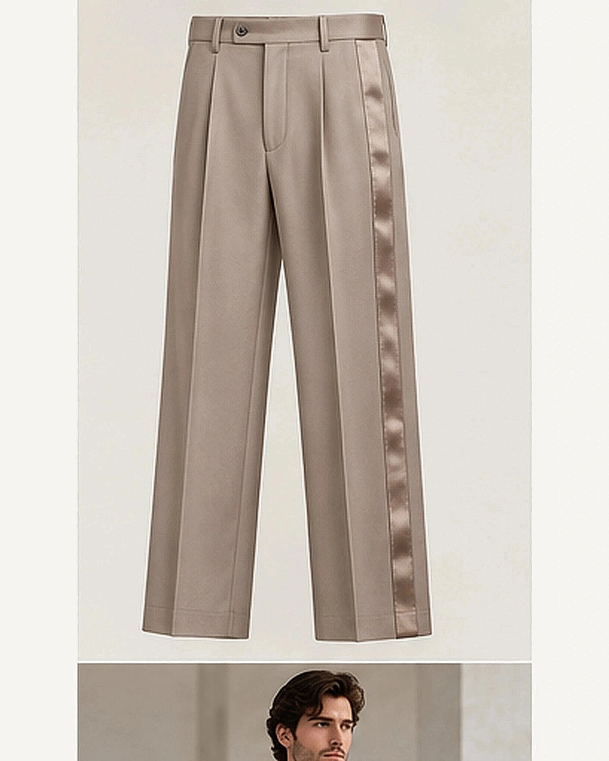 DFCOLOR::Taupe::product — Black Satin Side-Stripe Tailored Trousers