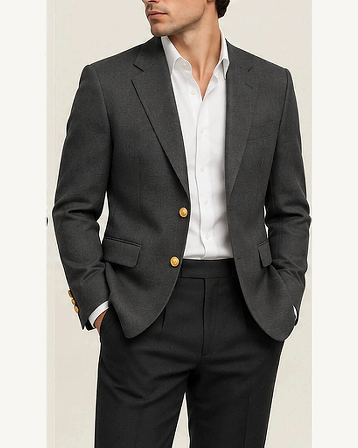 DFCOLOR::Charcoal::onbody — Navy Serge Blazer with Gold Buttons